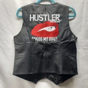 NWOT Black Leather Biker Motorcycle Hustler Embroidered Back Vest XL